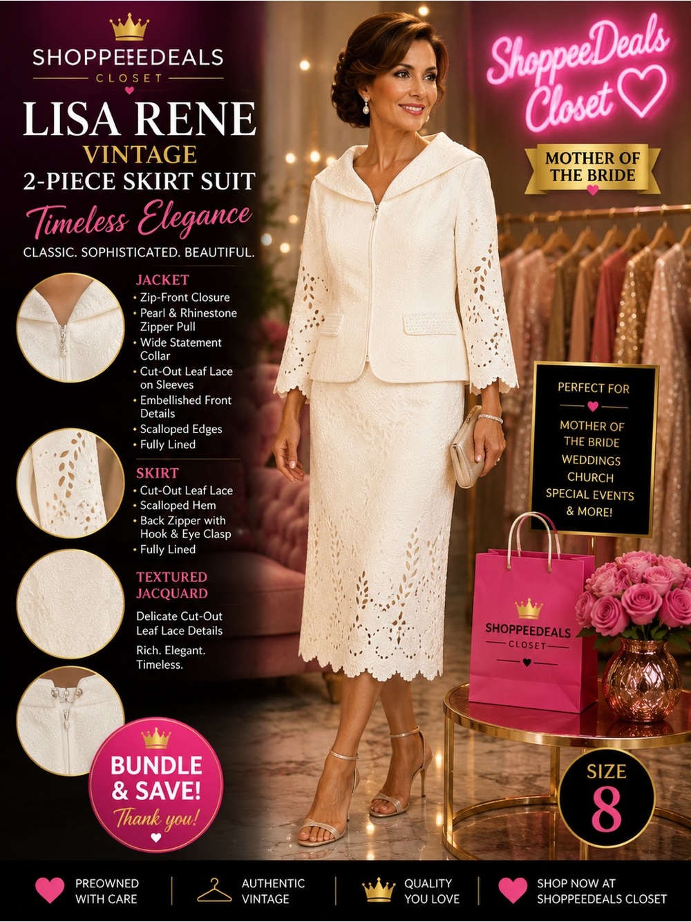 Lisa Rene Ivory Embroidered Cutout Skirt Suit Set Size 8 Rhinestone Pearl
